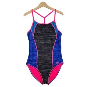 Speedo Women's Endurance Lite Hydro Bra One Piece Swimsuit Space Dye Blue 14